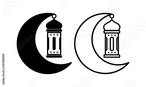Ramadan Kareem lantern and crescent moon icon. Black and white moon and lanterns icon. Used for celebration design elements and Ramadan Kareem greeting card