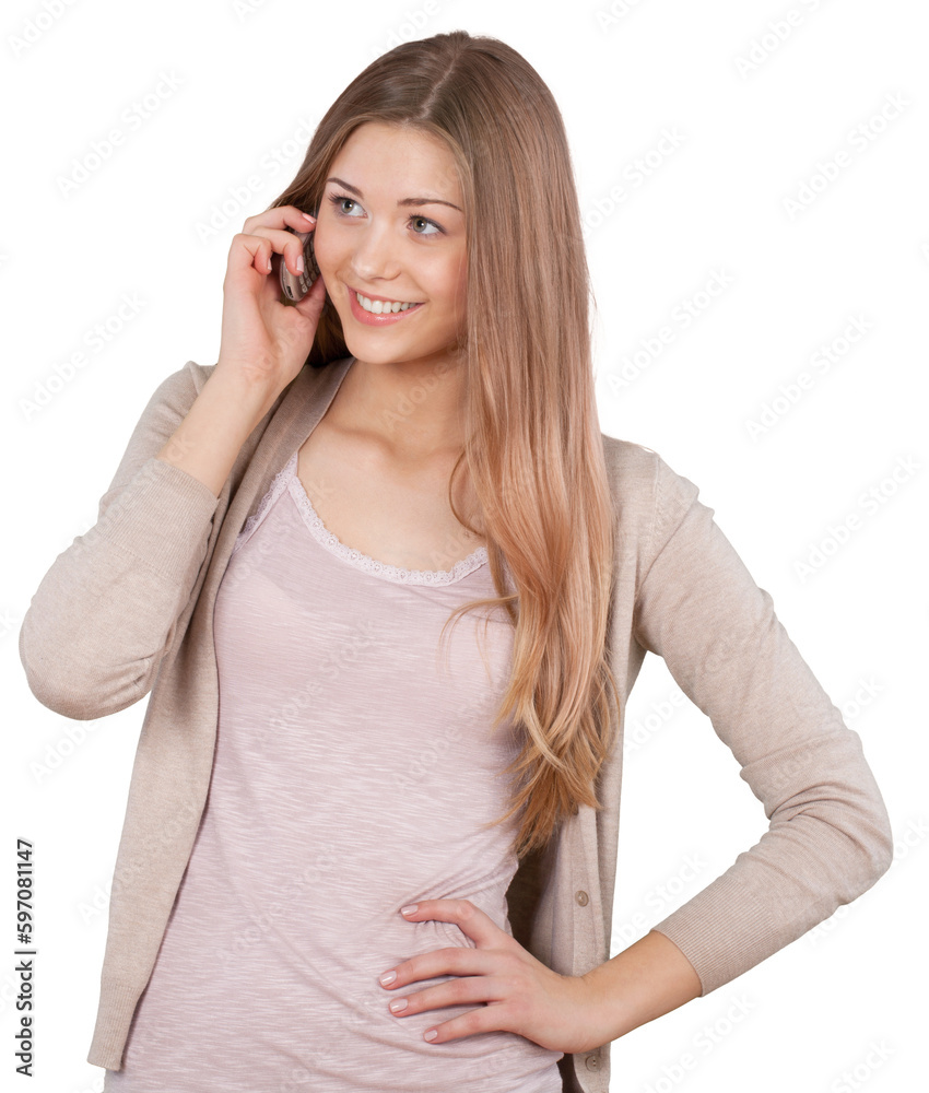 Close-up portrait of young woman with phone isolated on white background