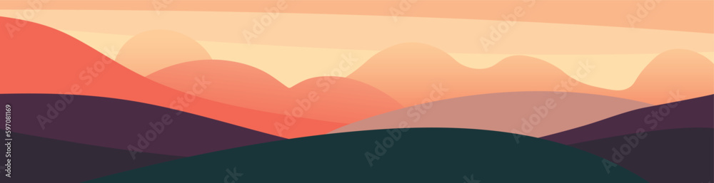 Stunning graphic illustration depicts a majestic landscape with mountains and sky in the background. Color palette features shades of green, orange, and yellow, creating warm and inviting atmosphere.