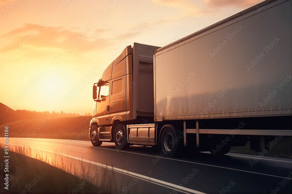 Truck with container on highway, cargo transportation, generative ai Truck with container on highway, cargo transportation, generative ai