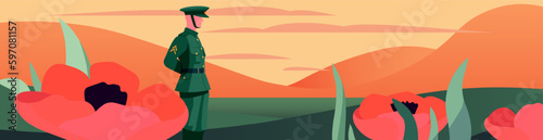 Anzac Day Tribute: Illustration with Poppy and Soldier. Capture the spirit of Anzac Day with the flat illustration. The design depicts a soldier and a vibrant poppy against.