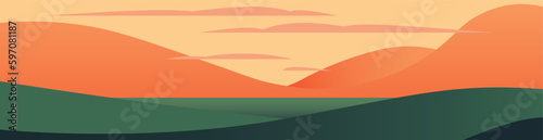 Stunning graphic illustration depicts a majestic landscape with mountains and sky in the background. Color palette features shades of green, orange, and yellow, creating warm and inviting atmosphere.