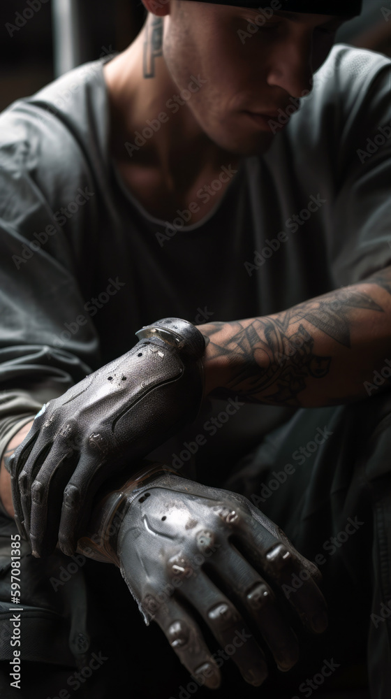 Cyberpunk-style futuristic male model with cybernetic hands, AI-generated Cyberpunk-style futuristic male model with cybernetic hands, AI-generated