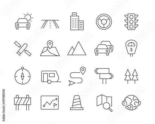 Road Trip Icons - Vector Line. Editable Stroke.