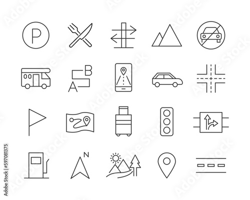 Road Trip Icons - Vector Line. Editable Stroke.