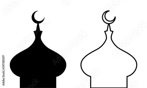 Mosque roof icon with black and white theme illustration set. Silhouette of a mosque icon on a white background. Arabic architecture silhouette icon. 