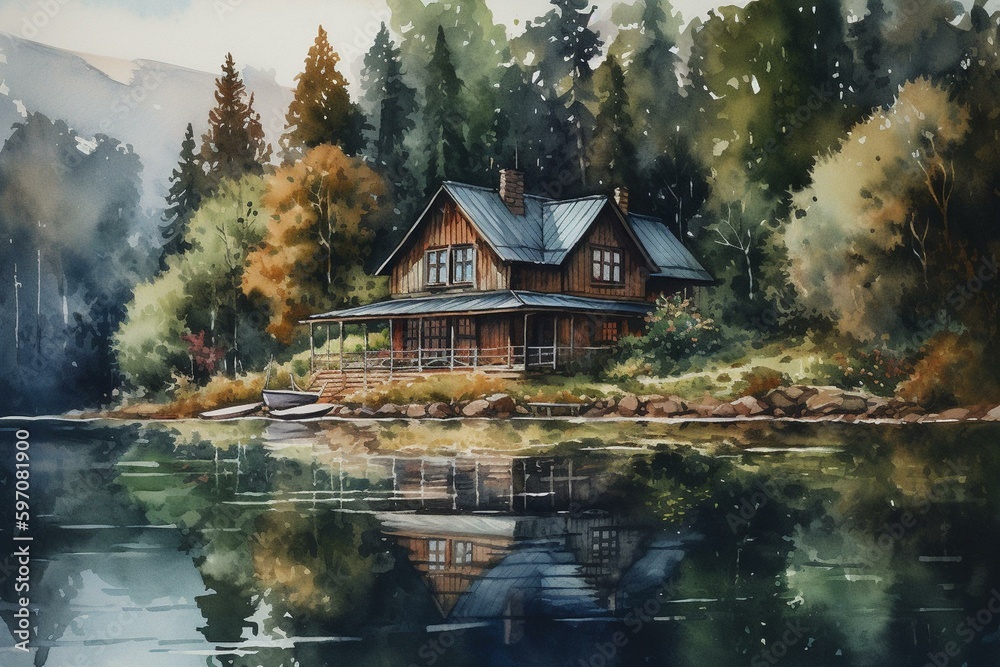 A forest landscape in a watercolor painting featuring a house on the lake. Generative AI