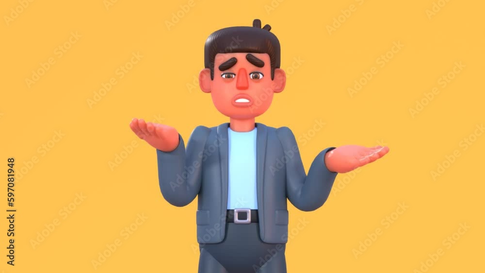 3d animation of man in suit confused, doubtful, unsure 3d animation of man in suit confused, doubtful, unsure