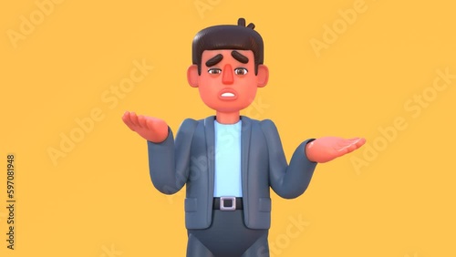 3d animation of man in suit confused, doubtful, unsure