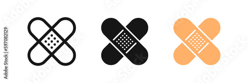 Plaster symbol. Wound bandage signs. Medical adhesive band symbols. Medical tape icons. Black, light brown color. Vector sign.