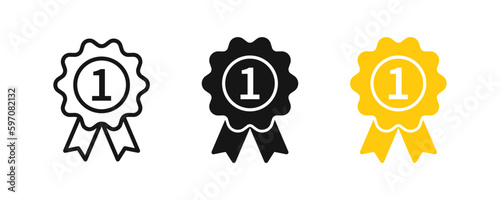 Medal award symbol. First place signs. Winner badge symbols. Best icons. Black, gold color. Vector sign.