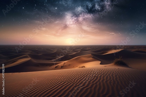 Surreal desert with sand dunes & pink gradient starry sky. Modern wallpaper. Generative AI