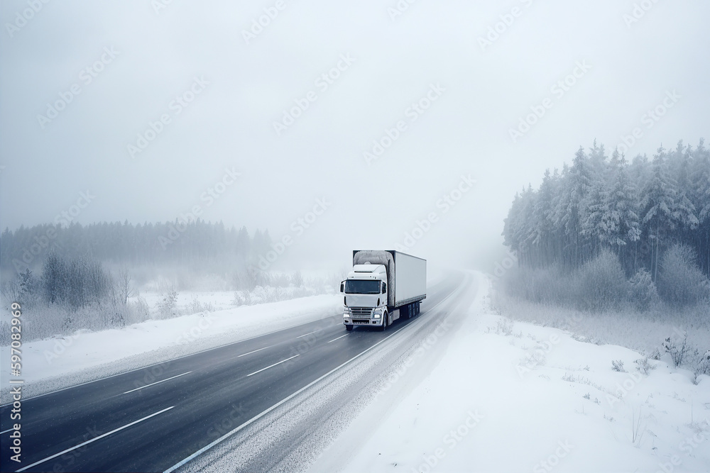 Truck with container on highway, cargo transportation, generative ai Truck with container on highway, cargo transportation, generative ai