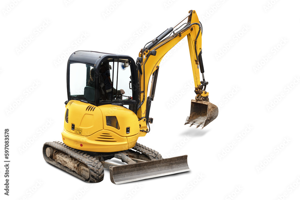 Small or mini yellow excavator isolated on white background. Construction equipment for earthworks in cramped conditions. Rental of construction equipment.