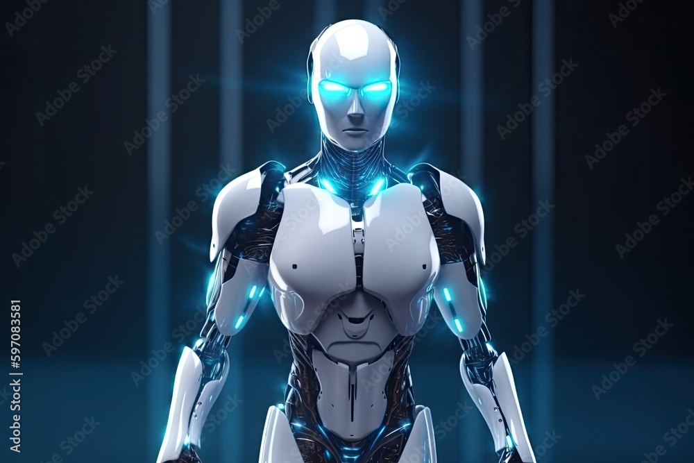 futuristic robot with illuminated eyes standing in a dimly lit chamber. Generative AI