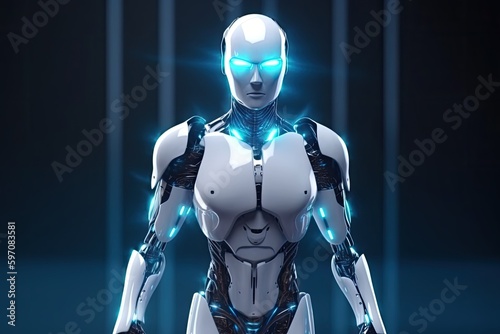 futuristic robot with illuminated eyes standing in a dimly lit chamber. Generative AI © AkuAku