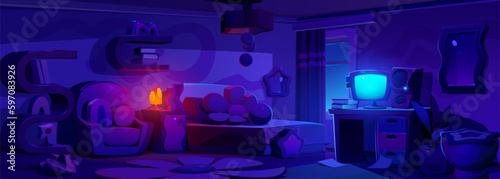 Teen girls bedroom with retro furniture at night. Vector cartoon illustration of dark room with cozy armchair and bed, desktop computer, lamp and books on shelves, flower pot, mirror, carpet on floor