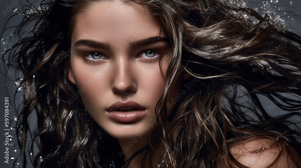 Naklejka premium Portrait of beautiful young woman with water soaked hair. Generative AI image