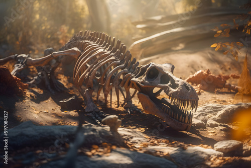 Bones remains of a dinosaur skeleton in an ancient untouched virgin forest. Generative AI. © aapsky