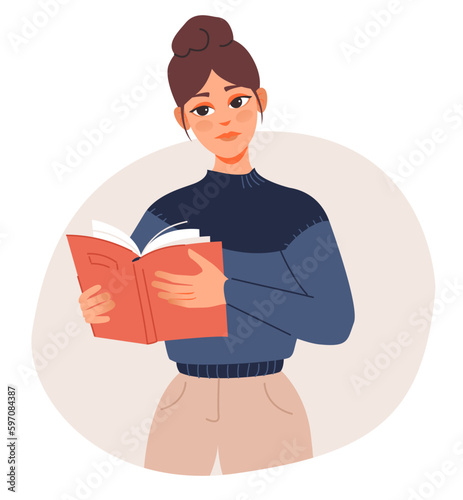 A student girl holds an open book. Female with a book. The concept of learning. Flat vector illustration.
