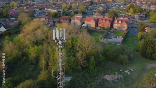 50FPS Drone shot. 5G mast technology transmitter in countryside location. Filmed East Yorkshire. England.