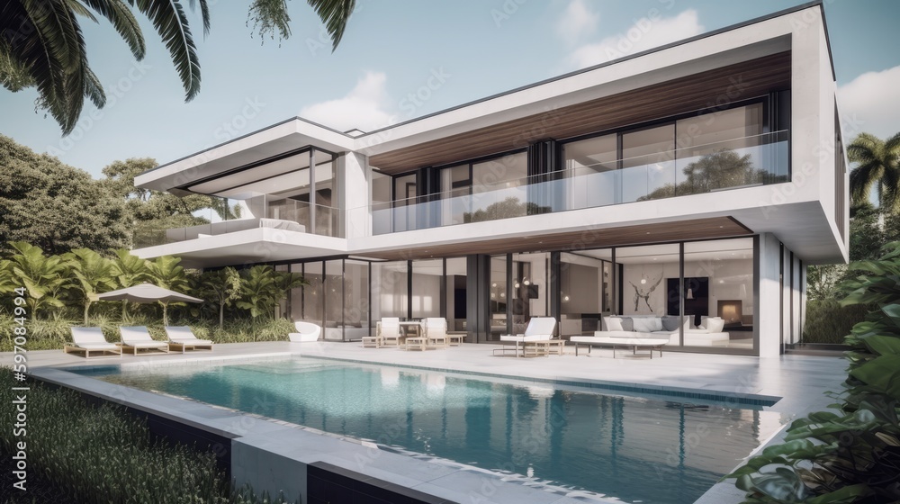 Florida Mansion, Striking Pool and Garden Vista, Contemporary Minimalist Design, Extravagant Living Experience, Generative AI Illustration