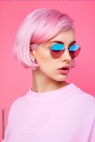 Beautiful young woman with pink fashion stylish wig. Generative AI image