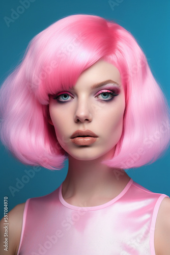Beautiful young woman with pink fashion stylish wig. Generative AI image