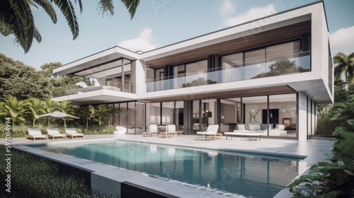 Florida Mansion  Striking Pool and Garden Vista  Contemporary Minimalist Design  Extravagant Living Experience  Generative AI Illustration