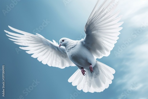 Decorative blue and white peace dove soaring in the sky. Generative AI