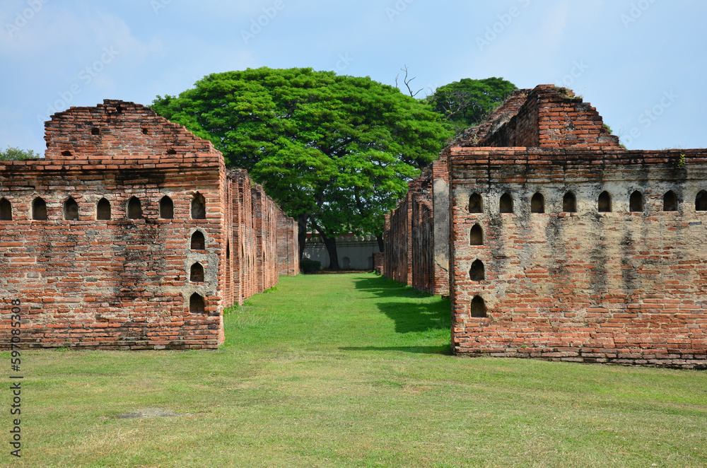 Ancient ruins buildings and antique architecture Twelve Royal Storage of King Narai Ratchaniwet Palace for thai people travelers journey travel visit explorer learning at Lopburi in Lop Buri, Thailand