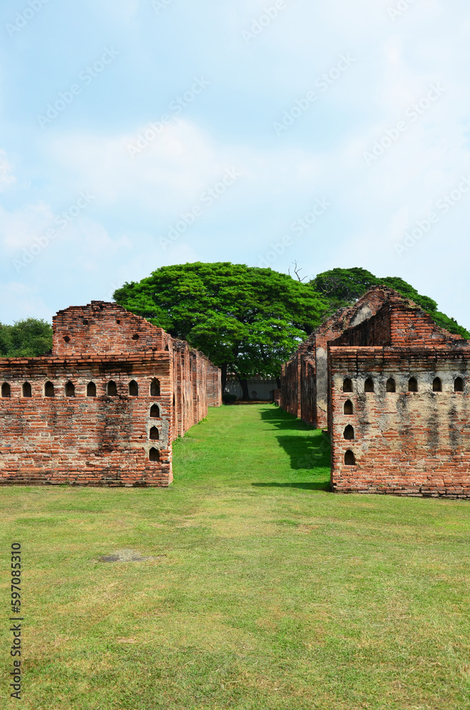Ancient ruins buildings and antique architecture Twelve Royal Storage of King Narai Ratchaniwet Palace for thai people travelers journey travel visit explorer learning at Lopburi in Lop Buri, Thailand