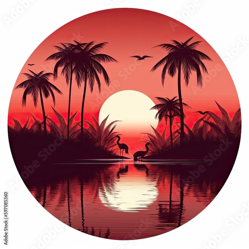 Orange sunset landscape in a circle. Evening on the beach with palm trees. Generative AI © Gelpi