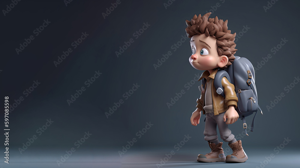 Schoolboy standing with backpack on his back on a grey background. Generative AI