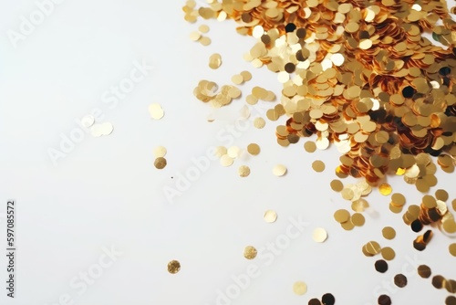 heap of golden confetti on a plain white background. Generative AI