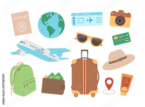 Travel set with passport, globe, air ticket, camera, plane, sunglasses, credit card, backpack, wallet, suitcase, hat, location icon and spf cream. Adventure, tourism, vacation, trip