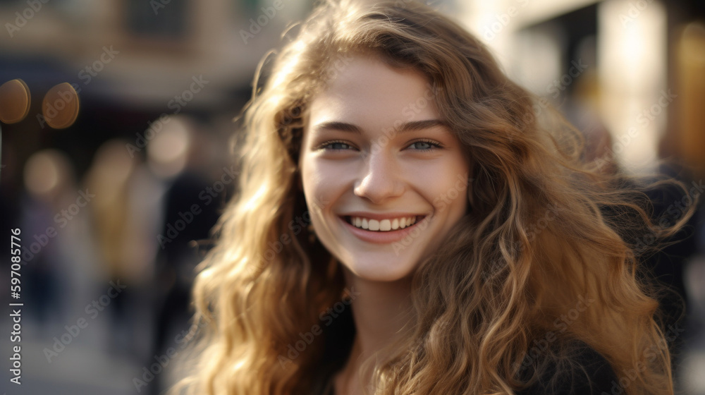 Smiling woman with long wavy hair, sunset light, on city street. Generative AI image