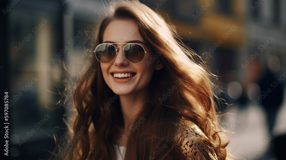 Smiling woman with long wavy hair in sunglasses sunset light, on city street. Generative AI image Smiling woman with long wavy hair in sunglasses sunset light, on city street. Generative AI image