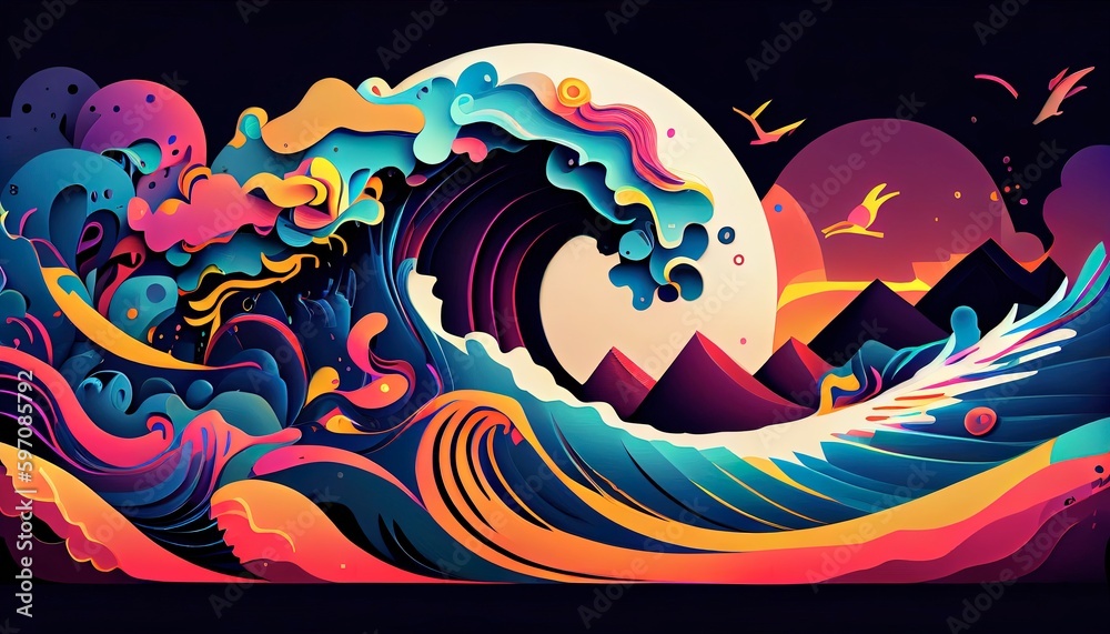 Obraz premium Vibrant Tidal Wave, Stunning Abstract Image, Dynamic Scene, High Resolution, 8K Real-Time Rendering. Generative AI
