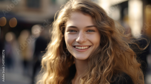 Smiling woman with long wavy hair, sunset light, on city street. Generative AI image