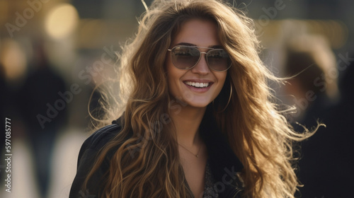 Smiling woman with long wavy hair in sunglasses sunset light, on city street. Generative AI image