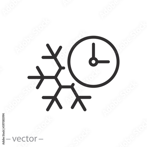 fast freezing icon, cooling time, snowflake with clock, thin line symbol on white background - editable stroke vector illustration eps10