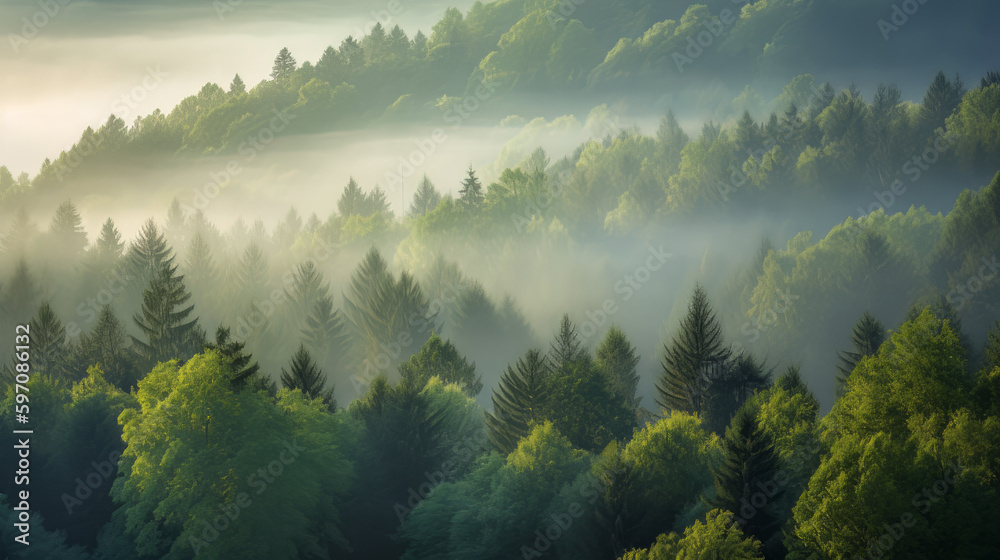 Misty mountain forest landscape in the morning - obrazy, fototapety, plakaty 
