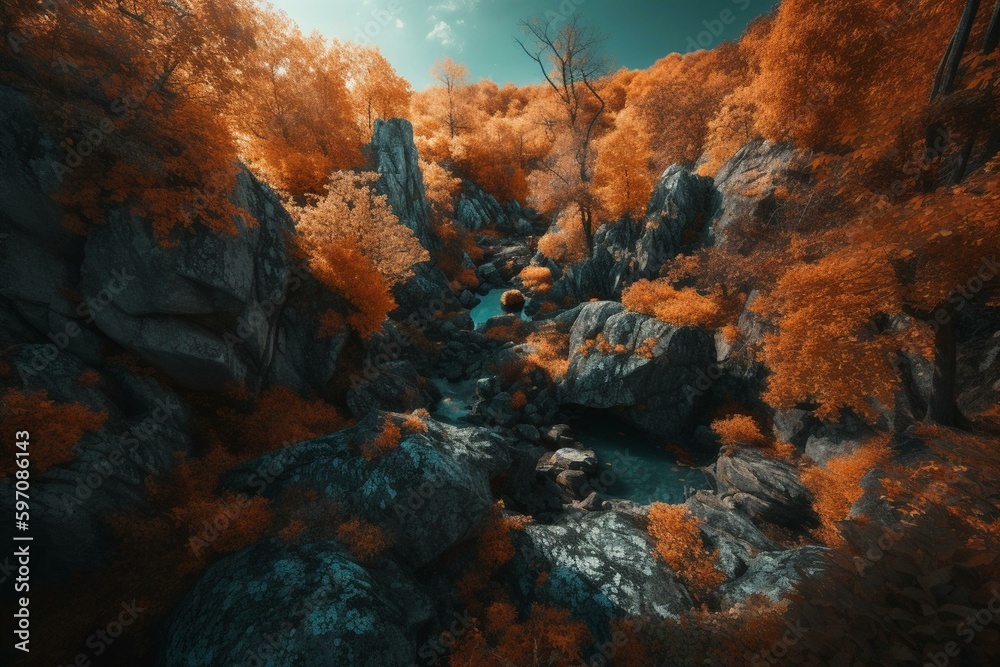 Stunning view of unique formations and fall foliage. Generative AI