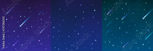 Star and falling comet in night sky vector background. Meteor shooting trail in blue galaxy illustration set. Starry universe with flying asteroid and stardust. 3d celestial space particle sparkle