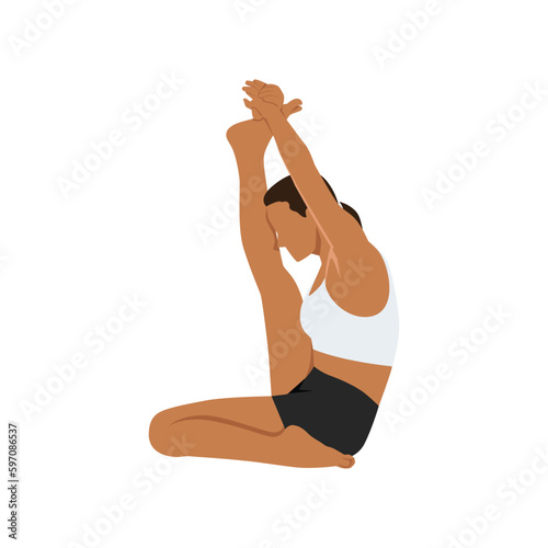 Woman doing krounchasana. Female yogi in heron pose. Intense hamstring stretch. Lady with leg up and hands holding foot. Flat vector