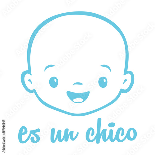 Anuncio de llegada de bebé niño. Letras mensaje es un chico en texto manuscrito en español con cara de niño sonriente color azul para su uso en invitaciones y tarjetas	