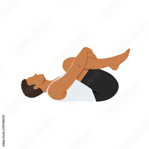 Man doing knees to chest pose apanasana exercise. Flat vector