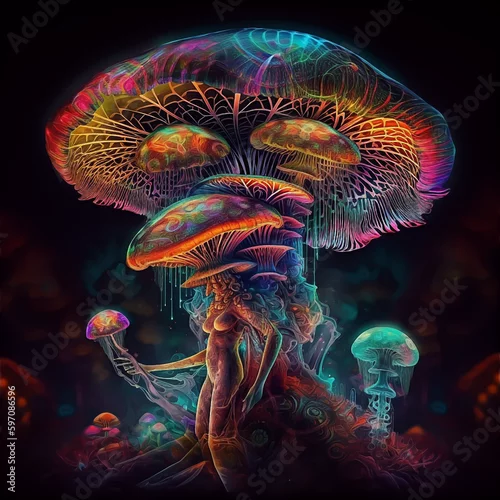 Obraz Trippy Psychedelic Mushroom Women Fluorescent Hippy Illustration Lsd Design Psy Trance Artwork Ai generativ ai art
