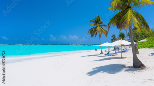beautiful white sand beach with palm trees and chairs
